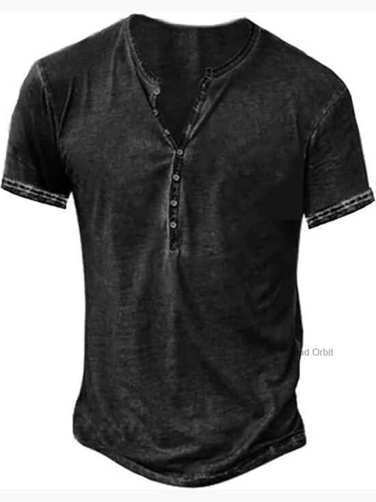 Other - Mens Distressed Henley Shirt Retro Short Sleeve Tee Casual Button Down Washed
